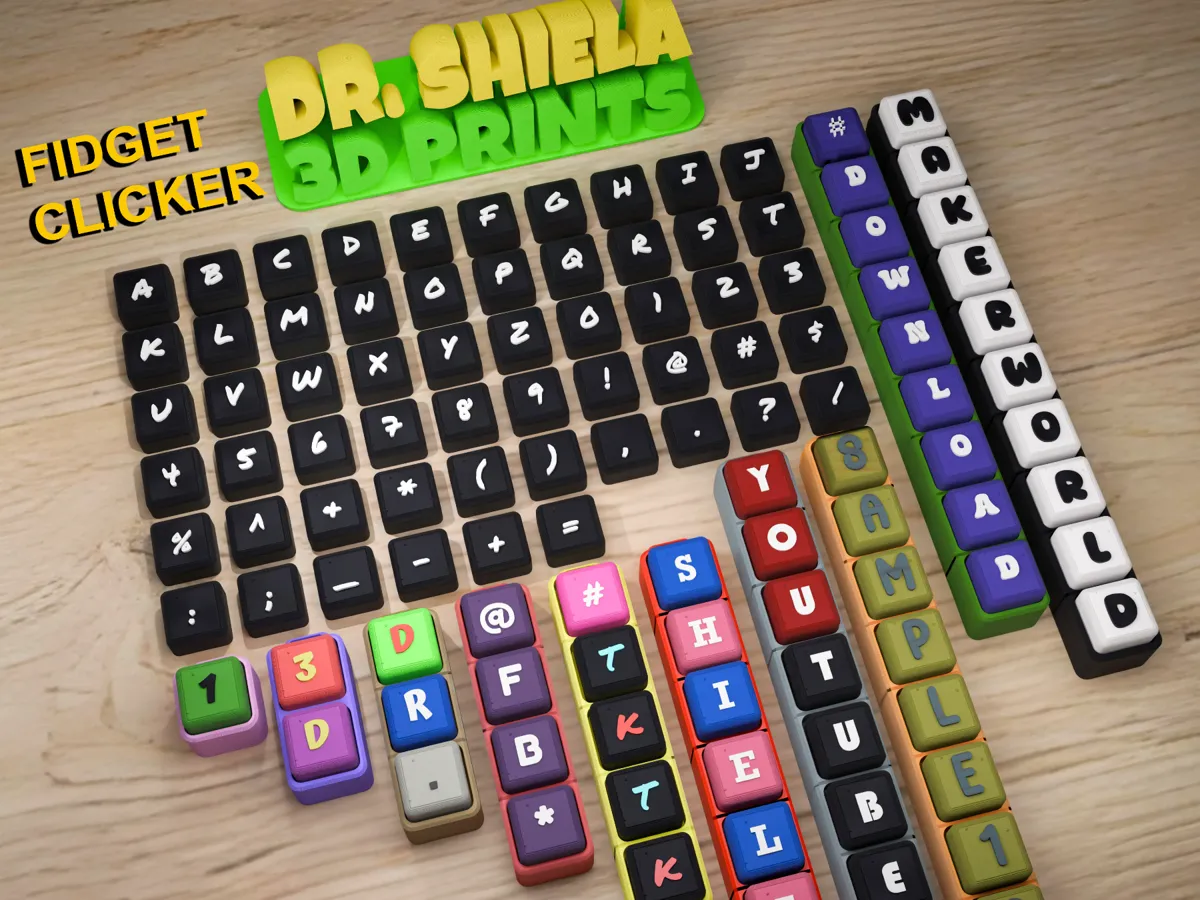 3D printed alphabet fidget clicker keycaps in multiple colors